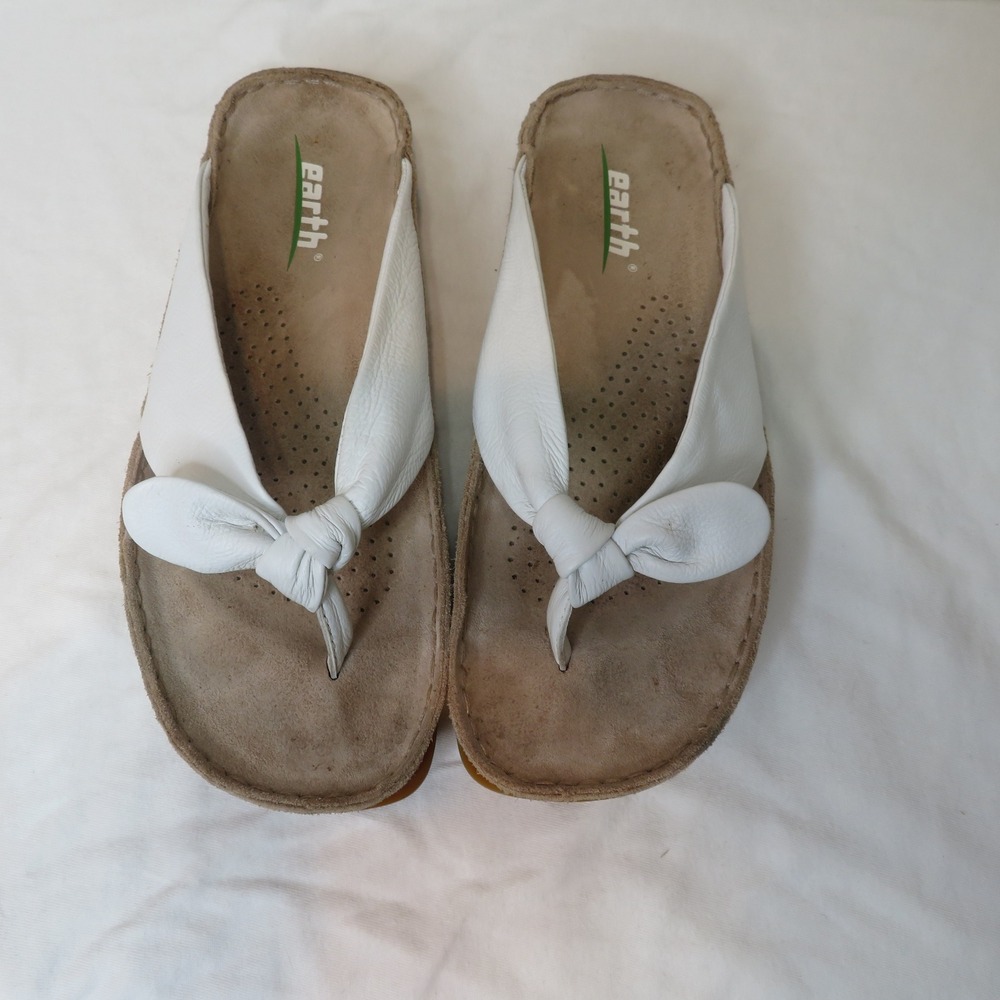 Earth Tranquil White Leather Thong Sandals Bow Slides Womens 6B